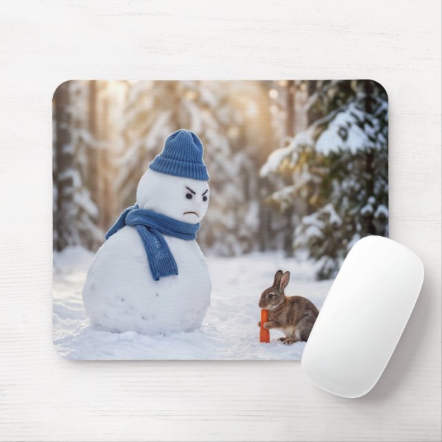Tapis De Souris Snowman Scowling at a Rabbit (Avec souris)