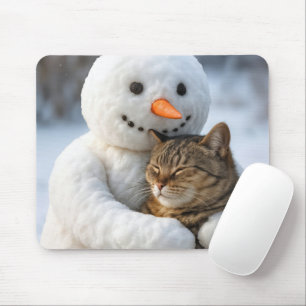 Tapis De Souris Snowman serrant un chat Tabby