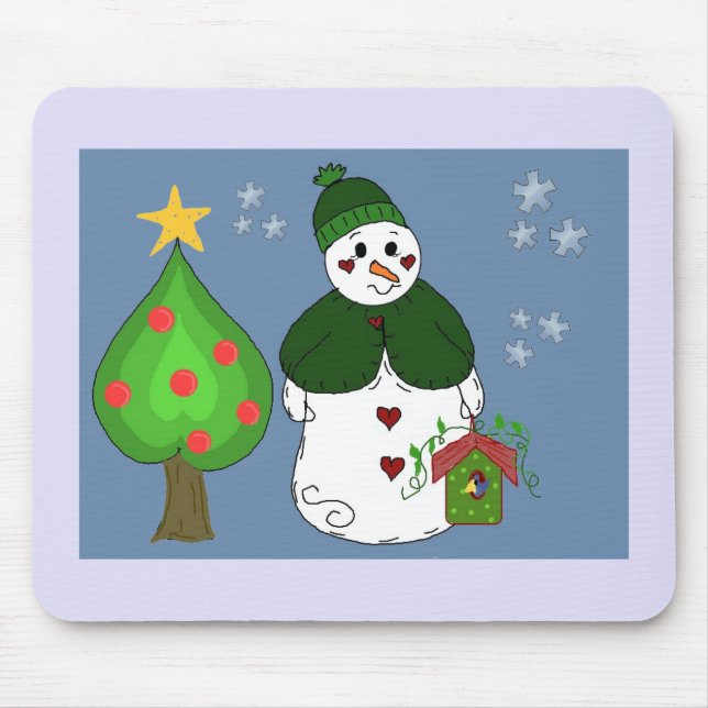 Tapis De Souris Snowman Whimsical Avec Birdhouse (Devant)