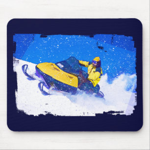 Tapis De Souris Snowmobile jaune dans la tempête de neige