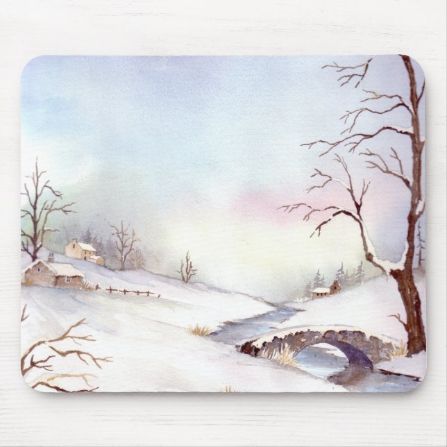 Tapis De Souris Snowy Bridge Watercolor Landscape (Devant)