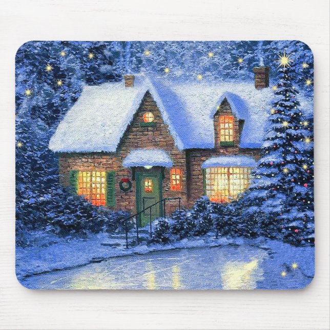 Tapis De Souris Snowy Village Scène Peinture Cadeau de Noël (Devant)