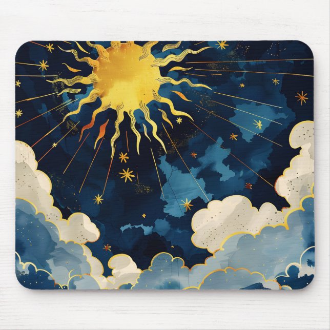 Tapis De Souris Soleil céleste moderne, étoiles et nuages bleus (Devant)