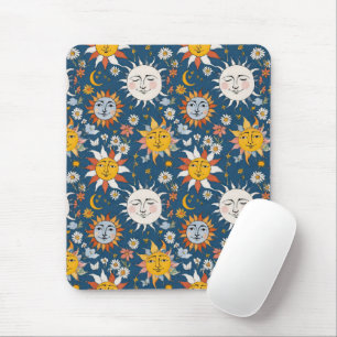 Tapis De Souris Soleil et Lune Floral en Bleus et Jaunes