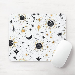 Tapis De Souris Soleil Lune Étoiles Noir et Or Céleste