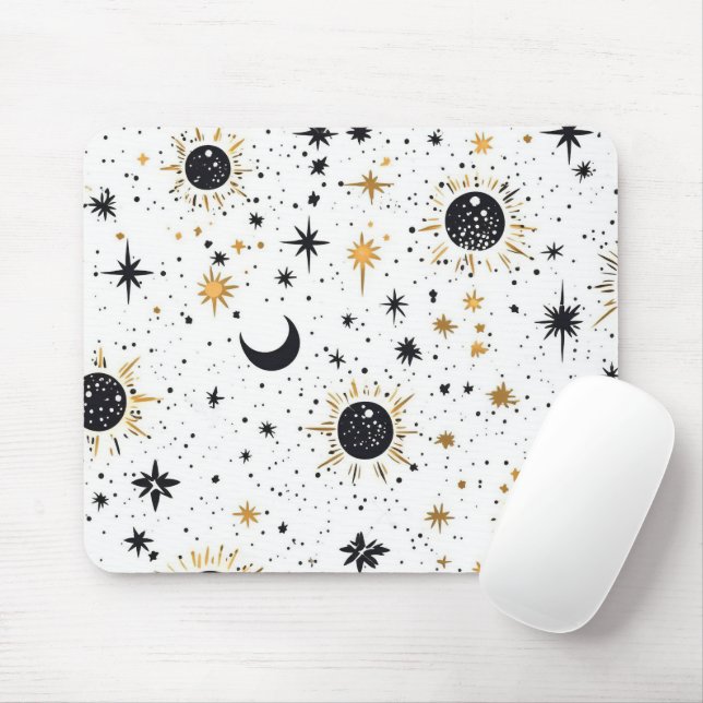 Tapis De Souris Soleil Lune Étoiles Noir et Or Céleste (Avec souris)