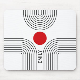 Tapis De Souris Soleil rouge et arcs noirs et blancs du milieu du 