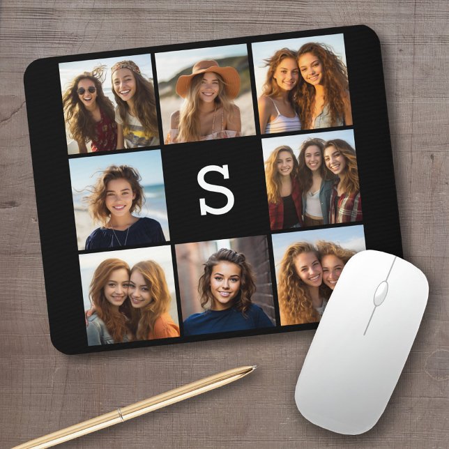 Tapis De Souris Solid Black 8 Photo Collage Personnalisé Monogramm (Personalized mousepad - add your photos and custom text)