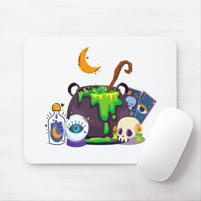 Tapis De Souris Sorcière Cuisine Cauldron Potion Sous Le Lune (Avec souris)