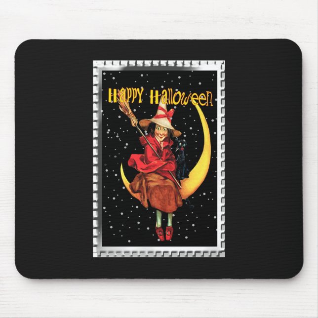 Tapis De Souris Sorcière de Halloween nostalgique et son chat (Devant)