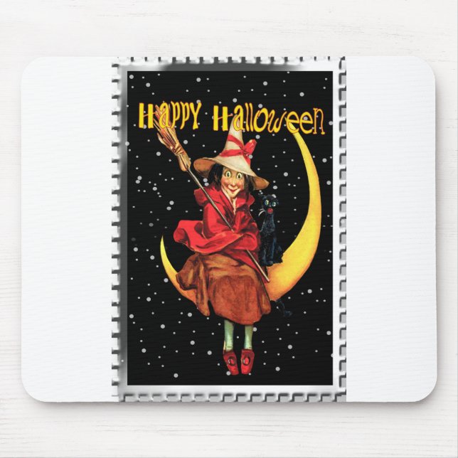 Tapis De Souris Sorcière de Halloween nostalgique et son chat (Devant)