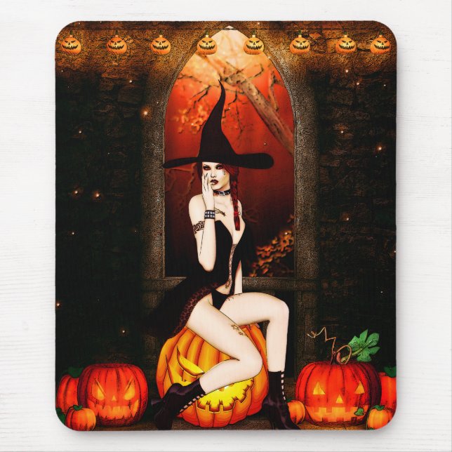 Tapis De Souris Sorcière d'Halloween et citrouille (Devant)