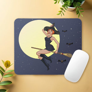 Tapis De Souris Sorcière d'Halloween sur un tapis volant