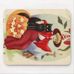 Tapis De Souris Sorcière d'Halloween vintage et chat noir