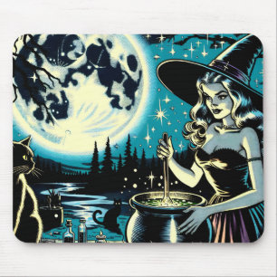 Tapis De Souris Sorcière d'Halloween vintage remuant un Cauldron