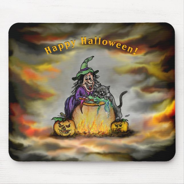 Tapis De Souris Sorcière et chat noir, Happy Halloween ! (Devant)