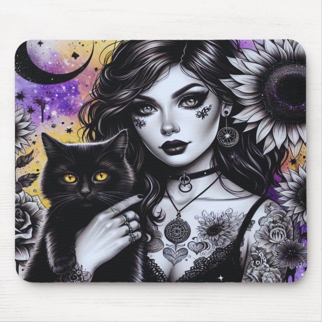 Tapis De Souris Sorcière gothique céleste et chat noir (Devant)