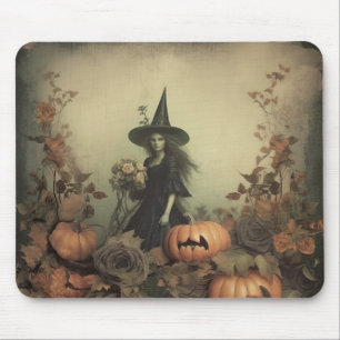 Tapis De Souris Sorcière gothique sépia avec citrouilles et roses
