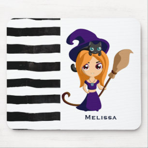 Tapis De Souris Sorcière mignonne en Casquette violet Halloween