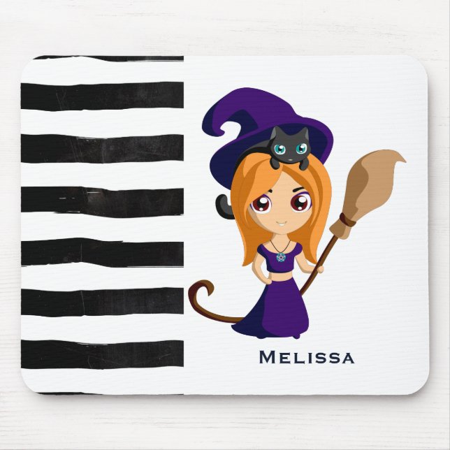 Tapis De Souris Sorcière mignonne en Casquette violet Halloween (Devant)