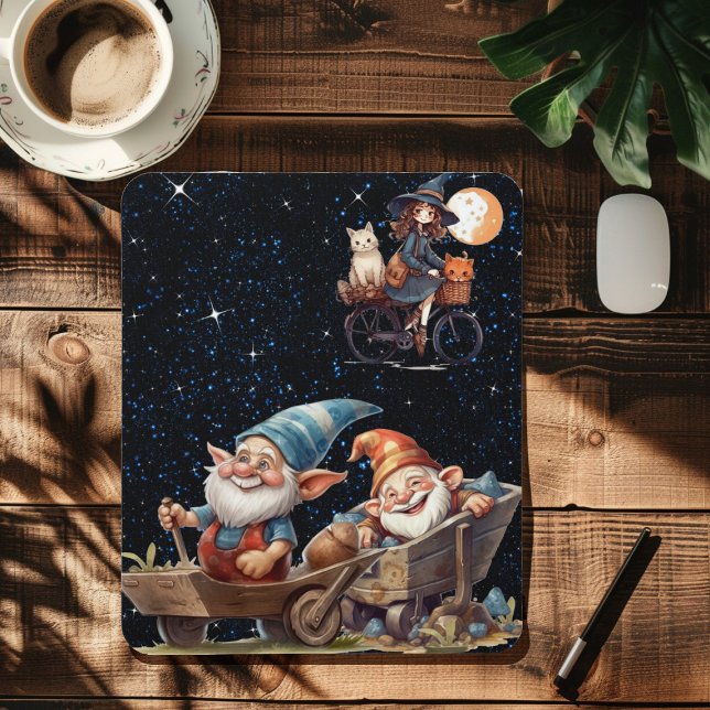 Tapis de souris sorcière mignonne et gnome heureux (Créateur téléchargé)