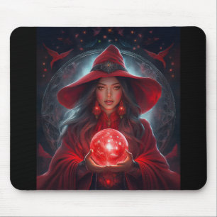 Tapis De Souris Sorcière Rouge Avec Boule De Cristal Et Arrière-pl