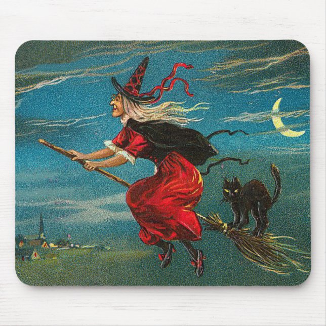 Tapis De Souris Sorcière Volant Chat Noir Croissant de Lune (Devant)