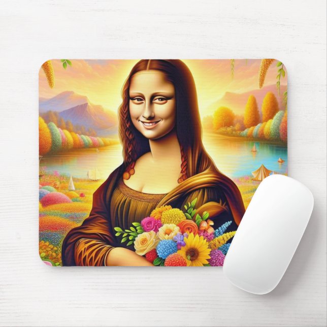 Tapis De Souris Sourire de Mona et fleurs (Avec souris)