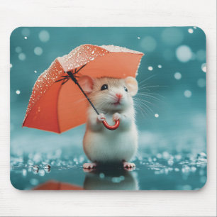 Tapis De Souris Souris avec parapluie dans la pluie : belle scène 