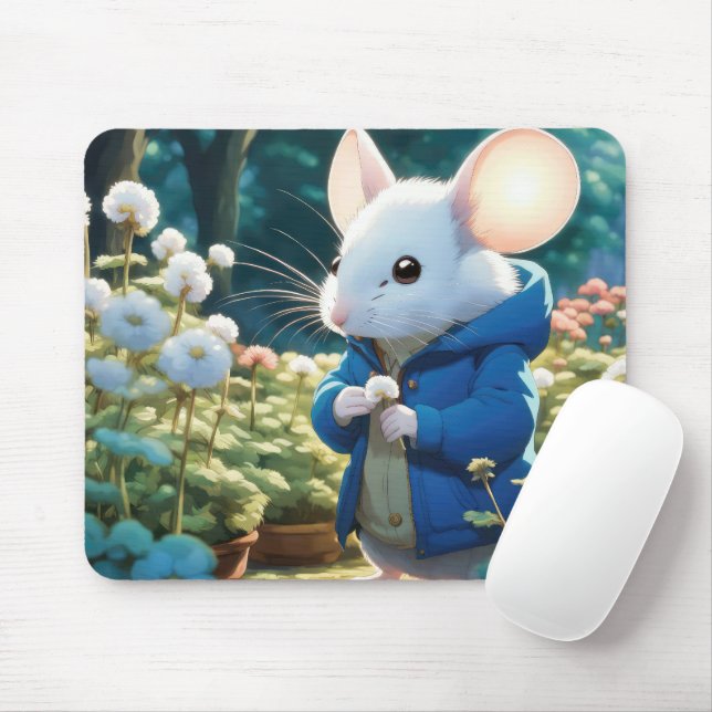 Tapis De Souris Souris Blanche Dans Le Jardin (Avec souris)