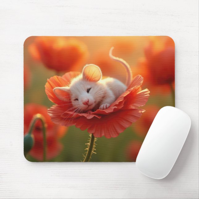 Tapis De Souris Souris blanche posée sur un pavot rouge (Avec souris)