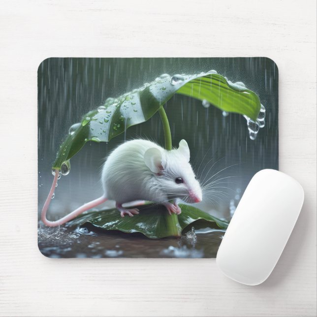 Tapis De Souris Souris Blanche Restant Sèche Sous Une Grosse Feuil (Avec souris)