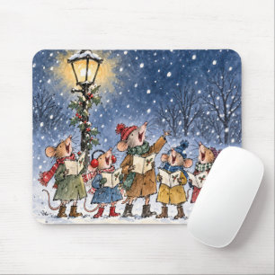 Tapis De Souris Souris de Noël chantant dans les flocons de neige