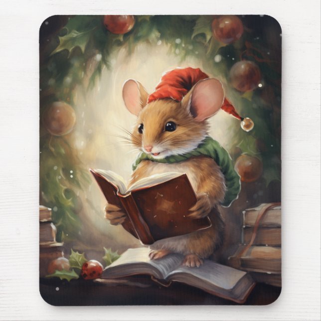 Tapis De Souris Souris de Noël lisant (Devant)