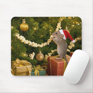 Tapis De Souris Souris de Noël mangeant du pop-corn sur l'arbre