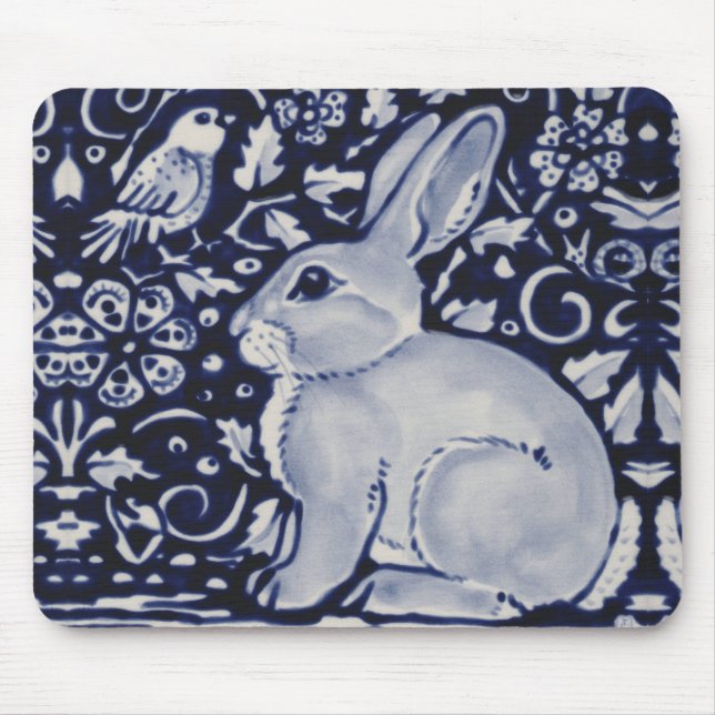 Tapis De Souris Souris design en carreaux bleu et blanc avec lapin (Devant)