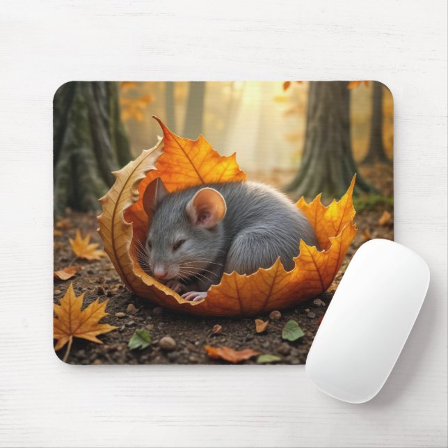 Tapis De Souris Souris dormant dans une feuille d'automne (Avec souris)