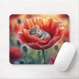 Tapis De Souris Souris dormant dans une fleur rouge