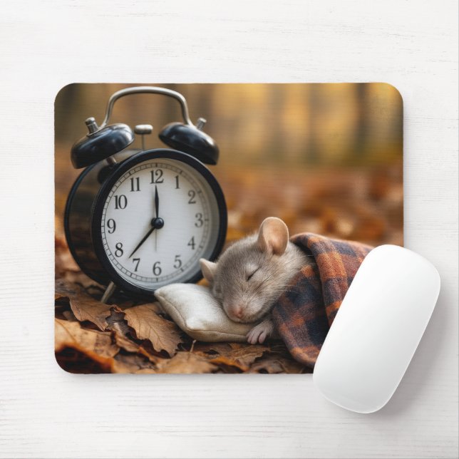 Tapis De Souris Souris dormant près d'un réveil (Avec souris)