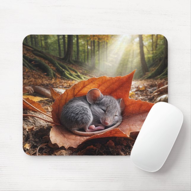 Tapis De Souris Souris dormant sur une feuille d'érable (Avec souris)