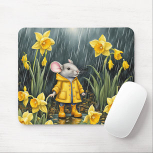 Tapis De Souris Souris en jonquilles et pluie