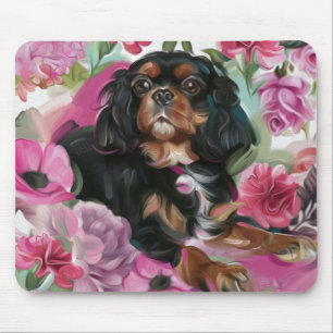 Tapis De Souris Souris florale de Chien noir et blanc
