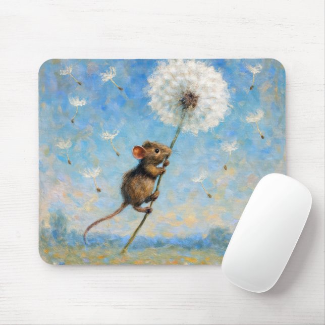 Tapis De Souris Souris flottant sur un Dandelion Fluffy (Avec souris)