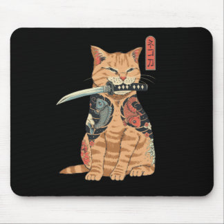 Tapis De Souris Souris japonaise Samurai Chat Mouse mauvais