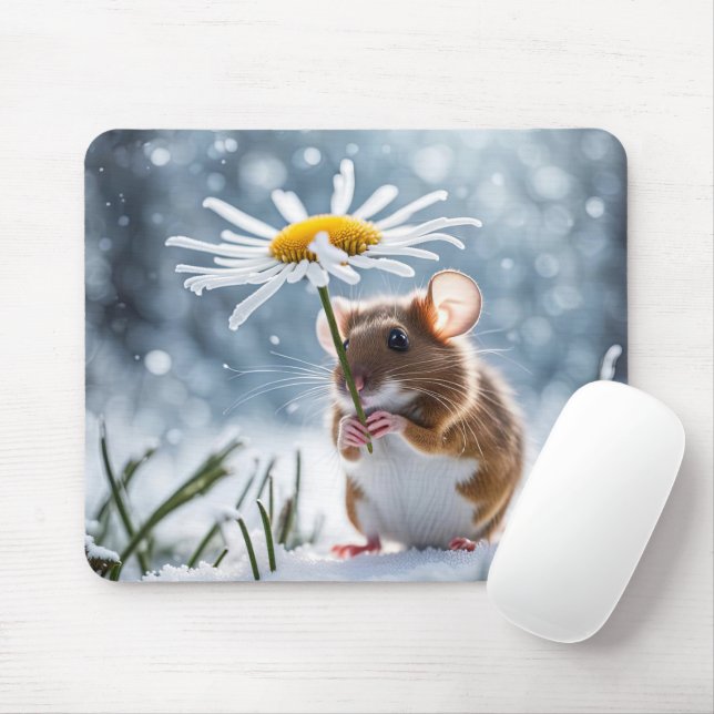 Tapis De Souris Souris sous une marguerite blanche en neige (Avec souris)