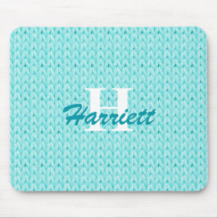 Tapis De Souris Souris Tricot turquoise avec monogramme