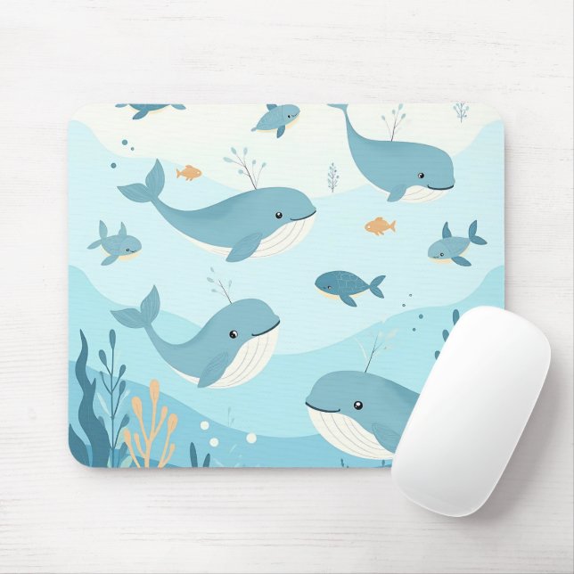 Tapis De Souris Sous la mer Baleines et poissons enfants (Avec souris)