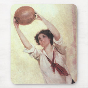 Tapis De Souris Sports Vintage, joueuse de basket-ball avec ballon