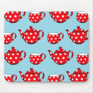 Tapis De Souris Spotty Red Teapot et tasses Motif bleu