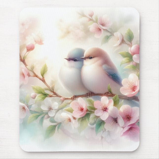 Tapis De Souris Spring Love Birds Cherry Blossom Floral (Devant)